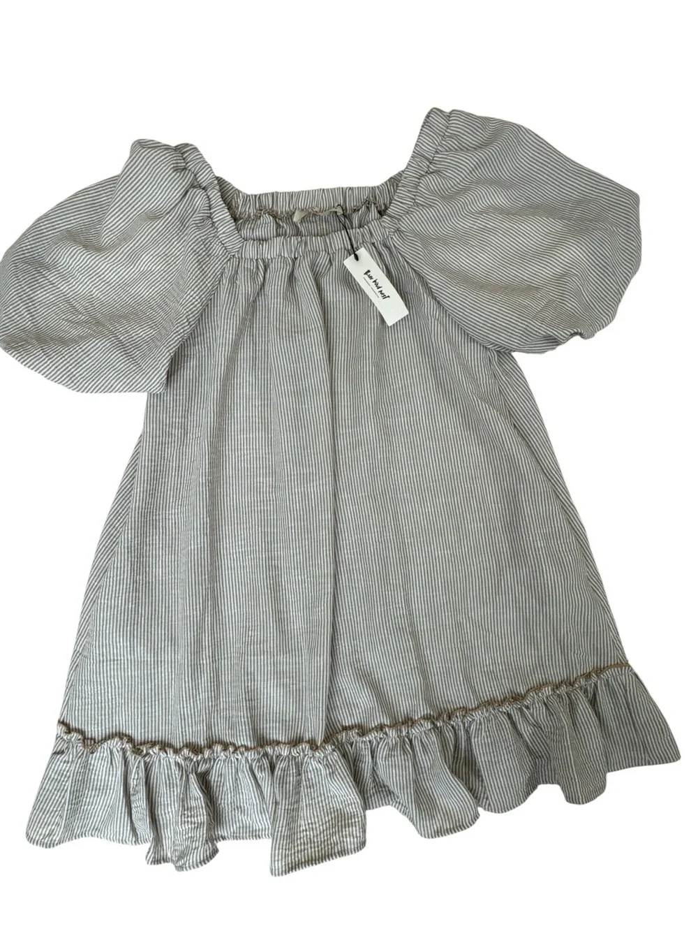 Three Bird Nest Solace Ruffled Hem Dress Beige Striped Puff Sleeve Boho Small - Picture 6 of 12